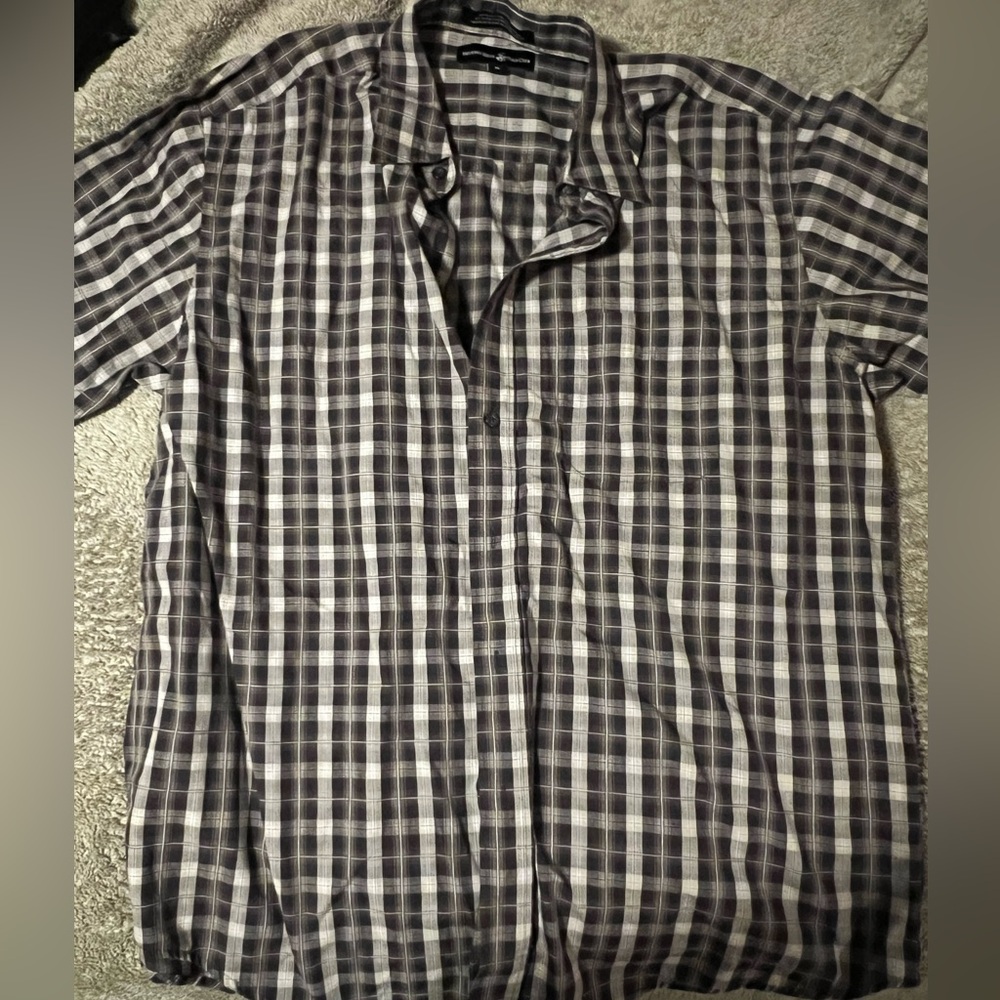 Beverly Hills Polo Club Button Down Short Sleeve Shirt - Grey and White Plaid